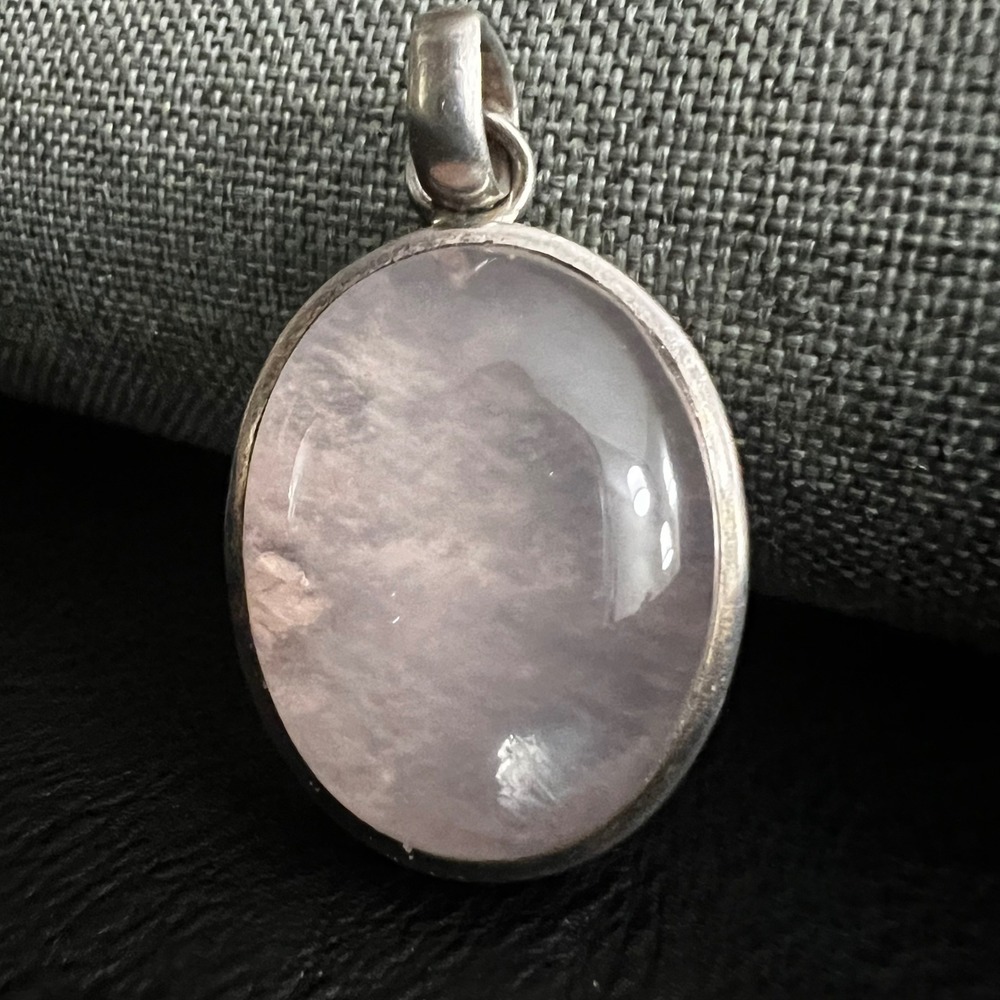 Vintage Sterling Silver 925 Oval Rose Quartz Pendant 1.5 inch Cottagecore